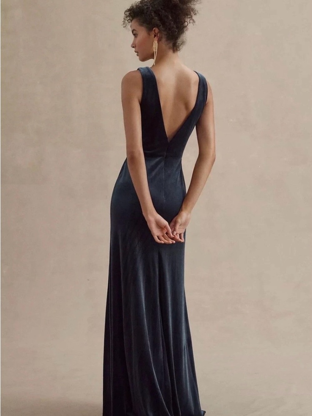 Jenny Yoo Dress V-Neck Navy Velvet Evening Gown 12 - Picture 3 of 15